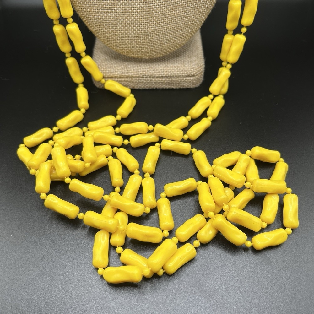 Vintage Retro Mustard Yellow Double Strand‎ Plastic Bead Extra Long Necklace 52"